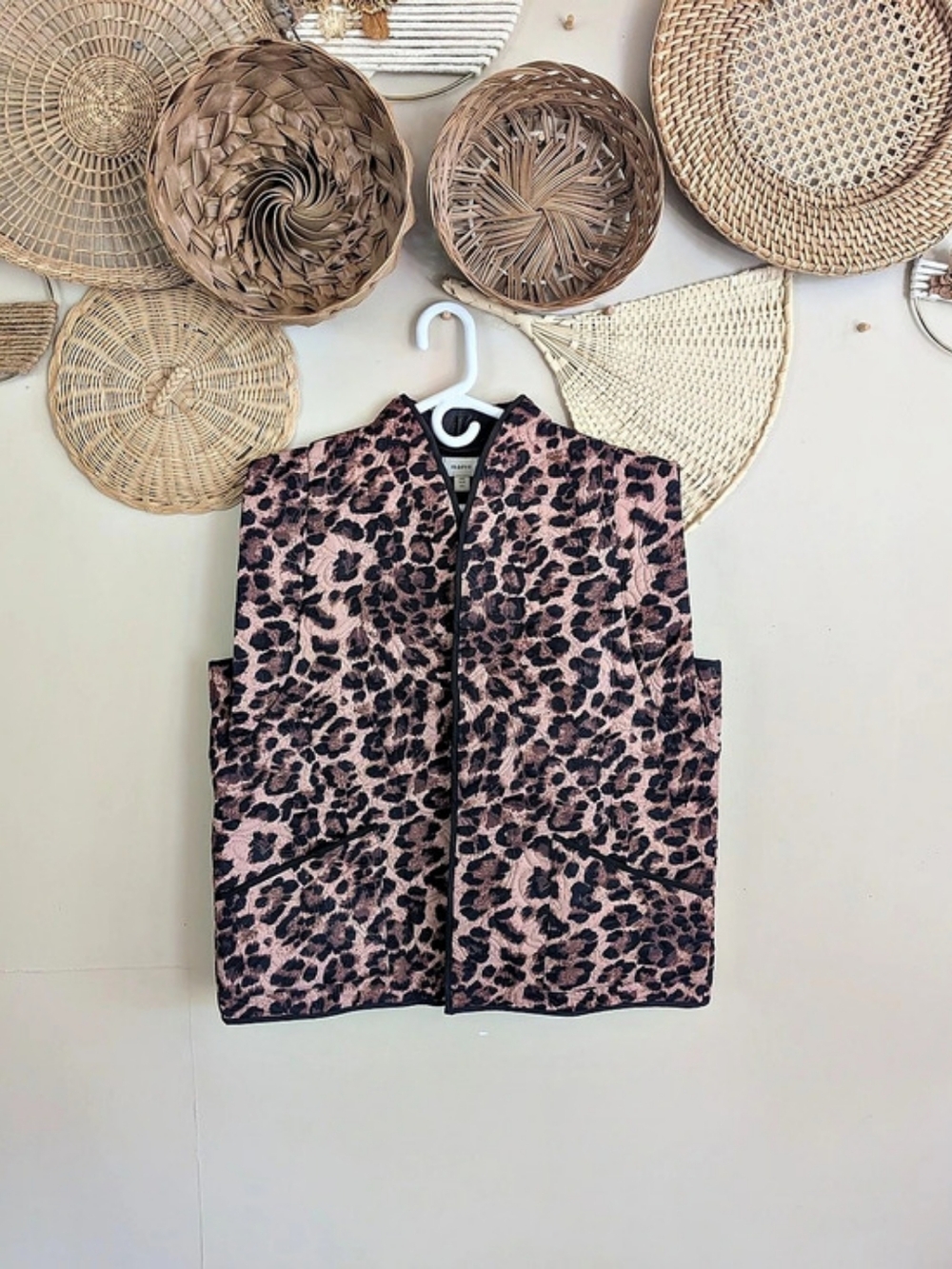 Anthropologie Maeve Leopard Quilted Open Front Vest Animal Print Pockets NWT